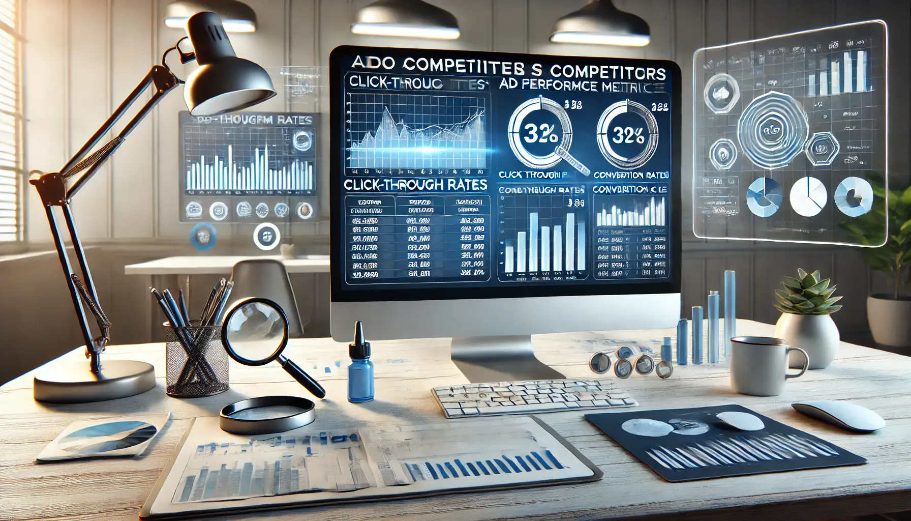 A professional workspace featuring a computer screen with performance dashboards showing metrics like click-through rates, conversion rates, and ad frequency graphs, surrounded by bar and pie chart icons.