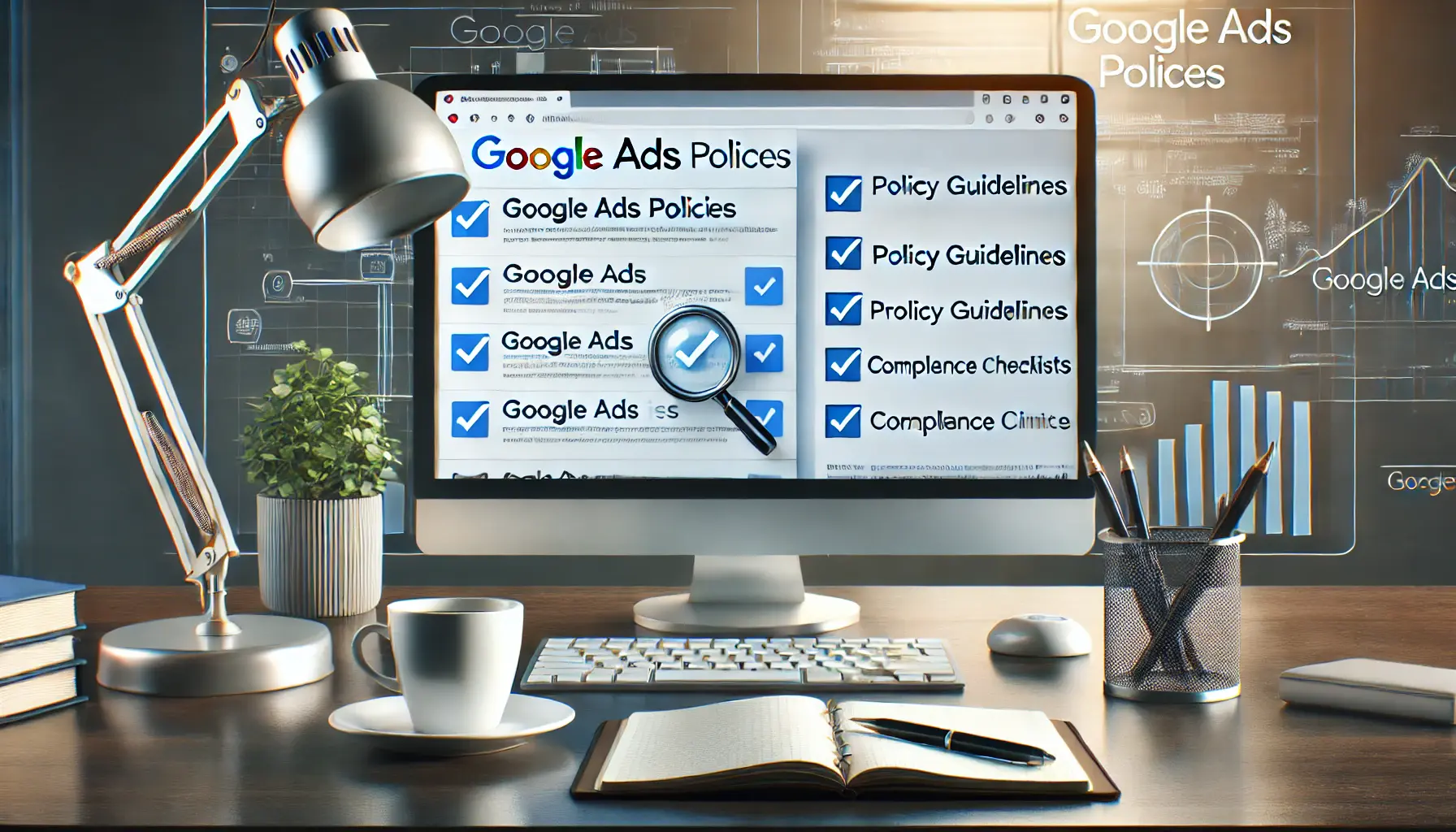 A modern workspace with a computer screen displaying Google Ads policy guidelines and compliance checklists.