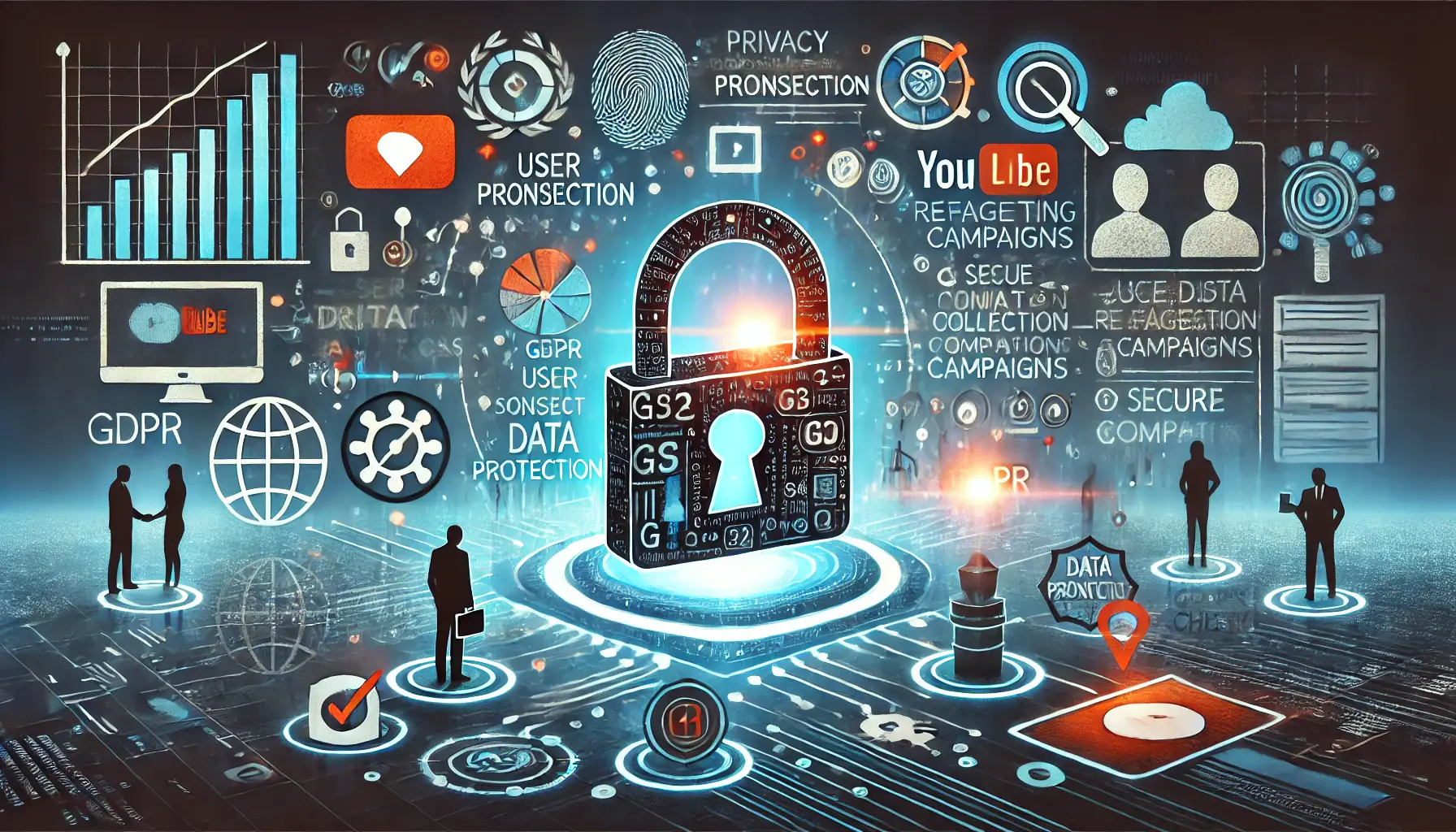 An image representing compliance with privacy regulations, featuring privacy protection elements like a lock, shield, and data flow icons.