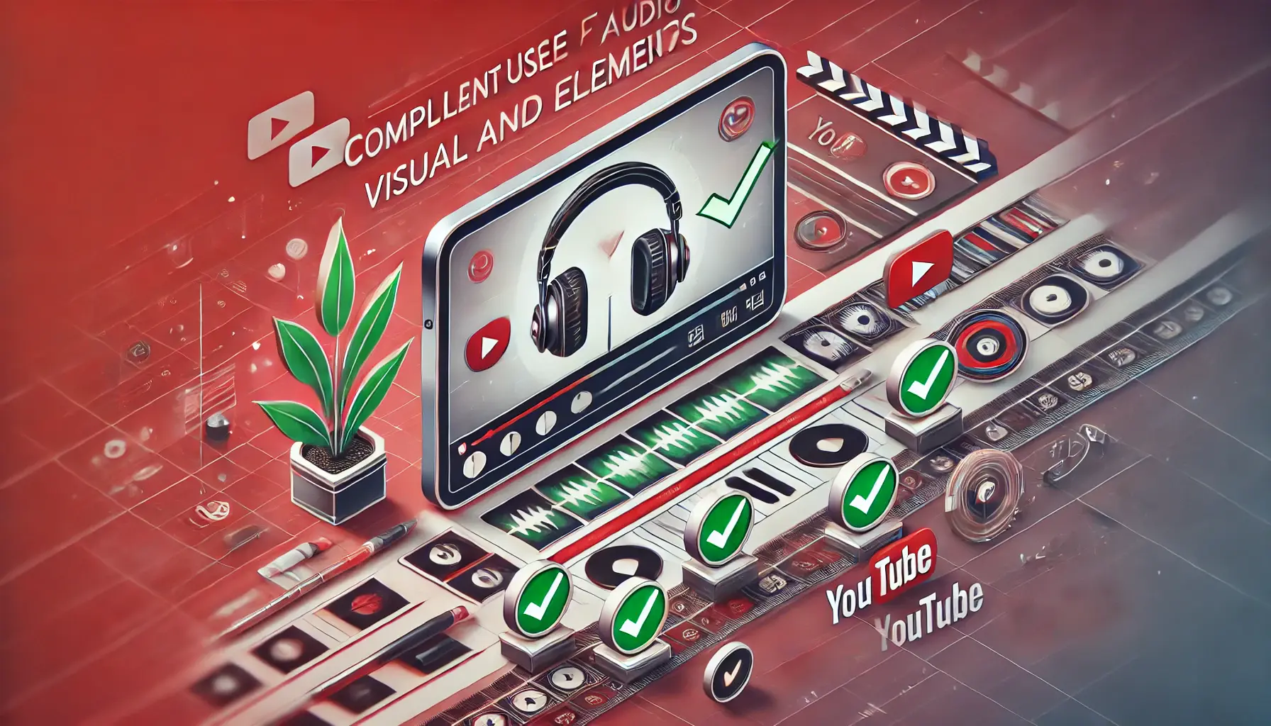 An image showing headphones, a video editing timeline, and image previews with green checkmarks for compliance.