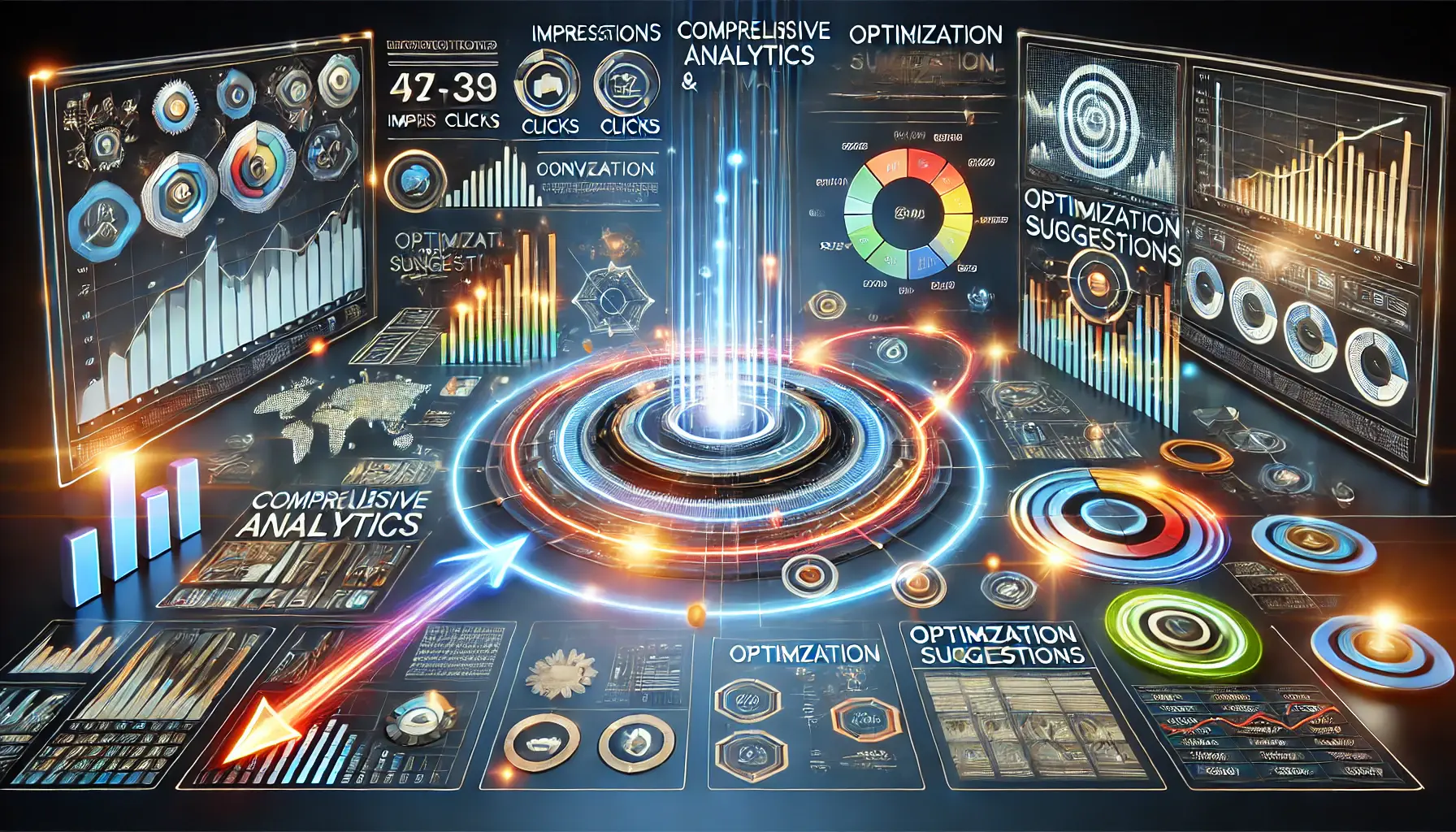 An image showing a digital dashboard with key performance metrics like impressions, clicks, conversions, and cost-per-click, represented through graphs and pie charts, symbolizing analytics and optimization.