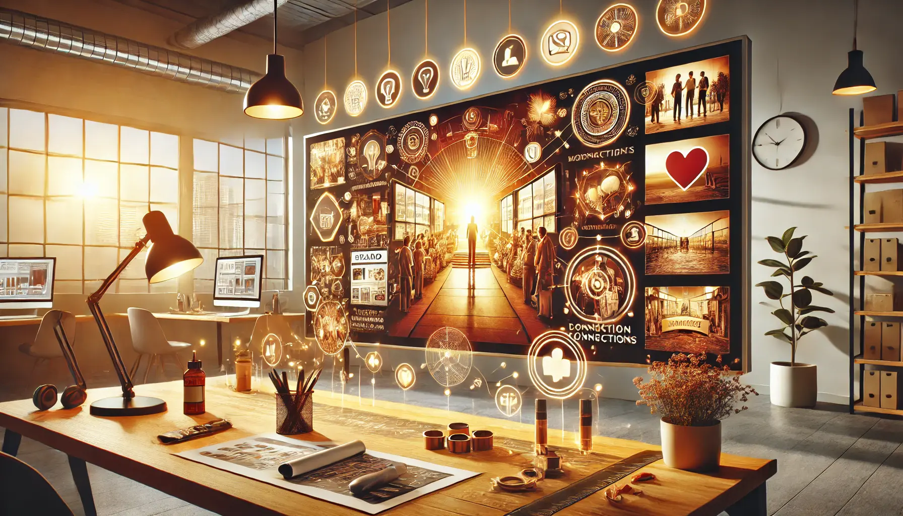 A modern digital workspace displaying a captivating brand narrative, with high-quality visuals showing product creation and emotional connections.