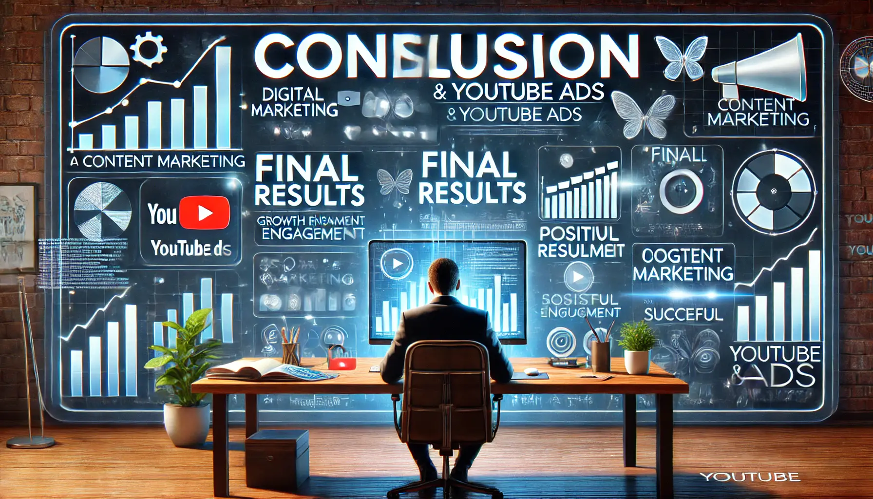 A digital marketing workspace with a dashboard showing successful ad campaign results, with a content creator reviewing the final data.