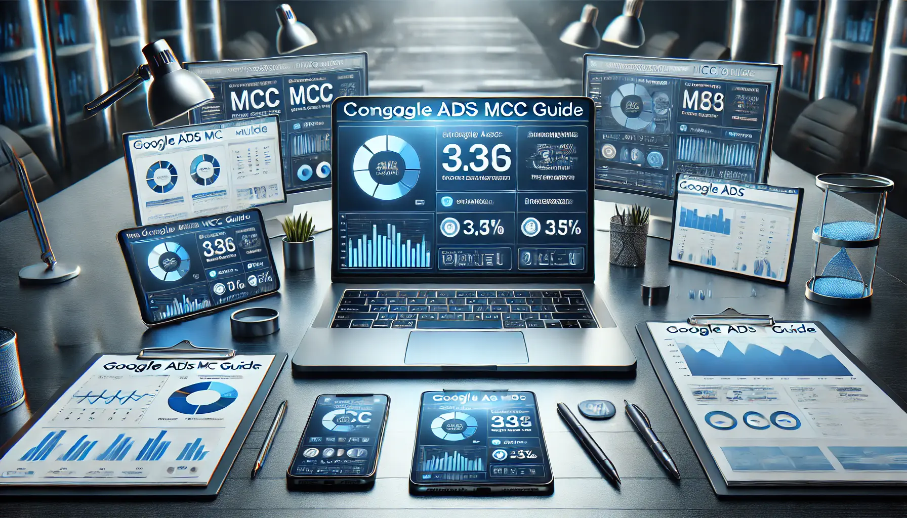 A digital marketing workspace with a laptop displaying a well-organized MCC dashboard, accompanied by devices showing campaign analysis.