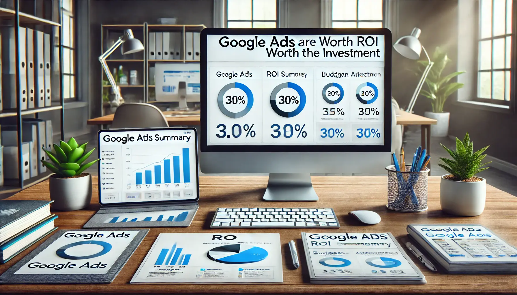 A workspace featuring a computer with a Google Ads ROI summary dashboard, documents summarizing performance, and a tablet with budget allocation charts.