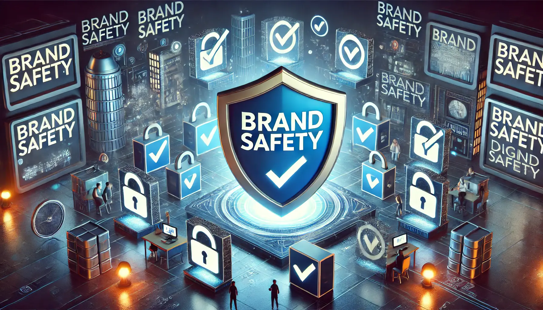 An image symbolizing building trust through brand safety, showing a strong shield and secure, trustworthy digital ad environments.