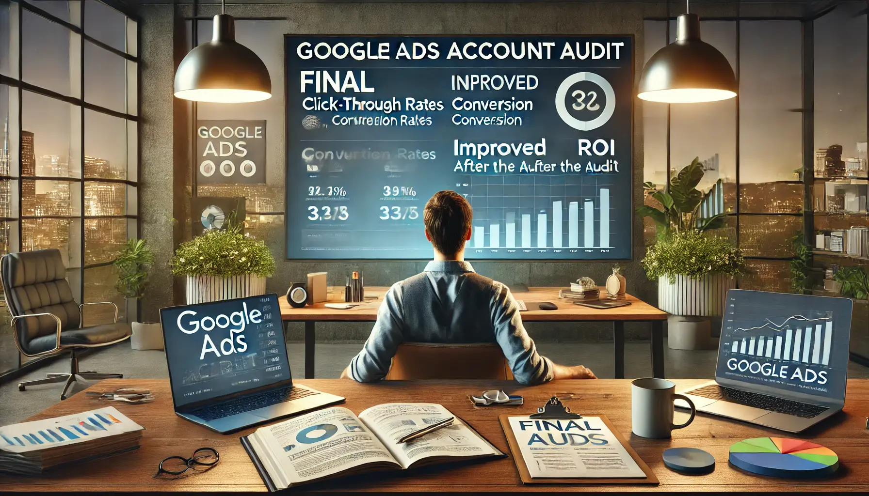 A digital marketer reflecting on final performance metrics after conducting a Google Ads account audit in a modern office.