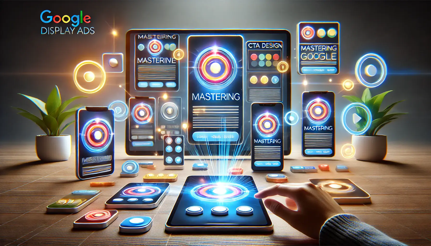 A visual representation of mastering CTA design for Google Display Ads, showcasing dynamic, well-designed CTA buttons across multiple devices.