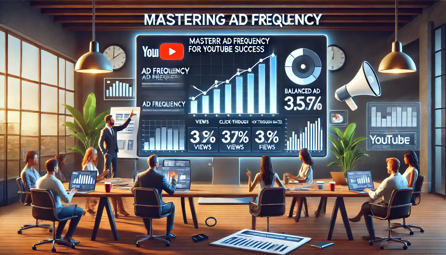 A digital marketing team analyzing successful ad campaign results on a monitor with graphs showing balanced ad exposure and positive engagement metrics in a modern office.