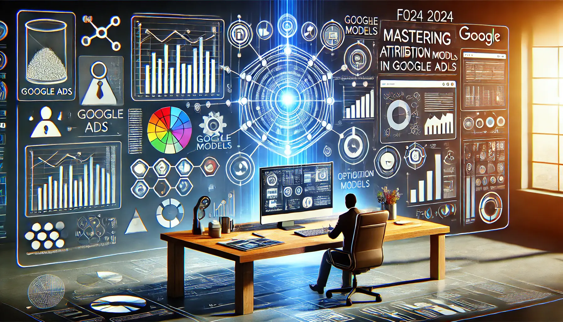 A modern digital marketing workspace showing advanced attribution models and performance metrics for Google Ads.