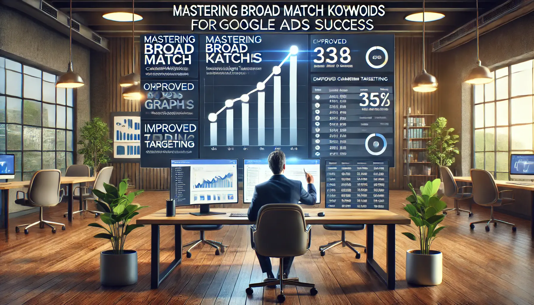 A digital workspace showing a marketer reviewing optimized campaign performance with rising graphs and improved targeting for broad match keywords.