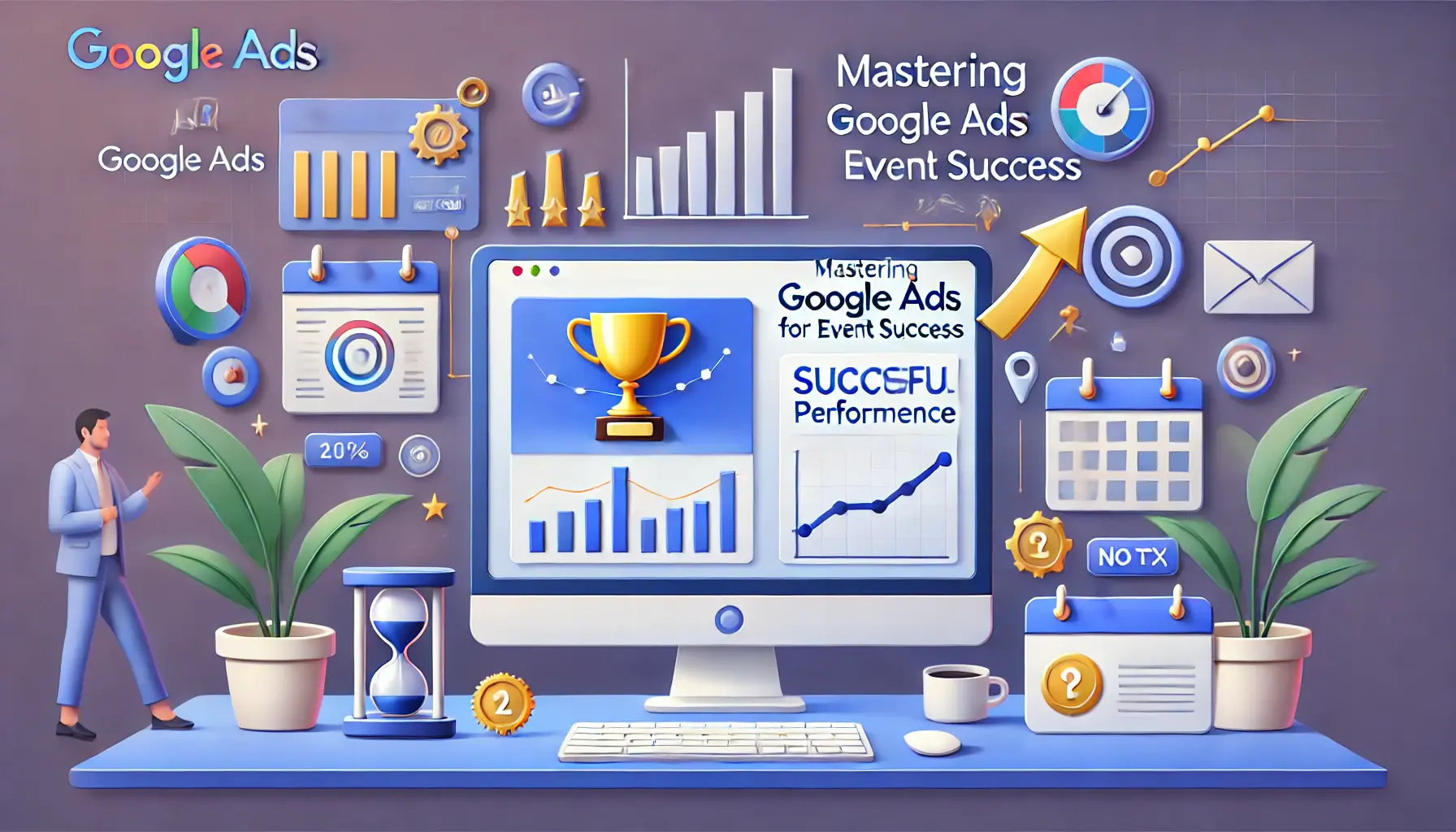 An illustration symbolizing the conclusion of mastering Google Ads for event success, with positive growth metrics, a trophy, and event-related icons.