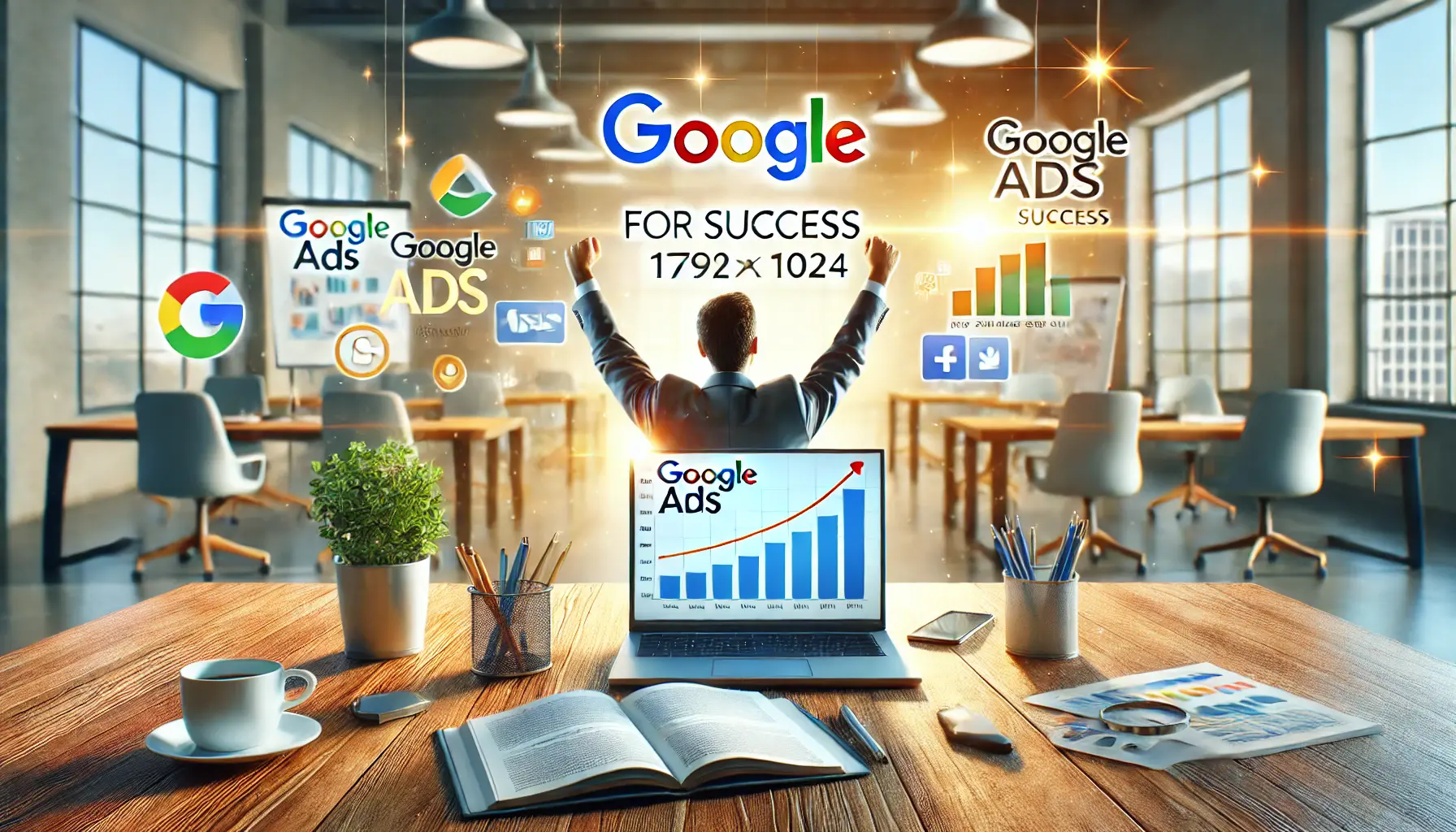 A digital marketer celebrating the success of a Google Ads campaign, with a laptop showing positive results like increased clicks and conversions, and a modern office setting with a notebook, pen, and coffee cup on the desk.