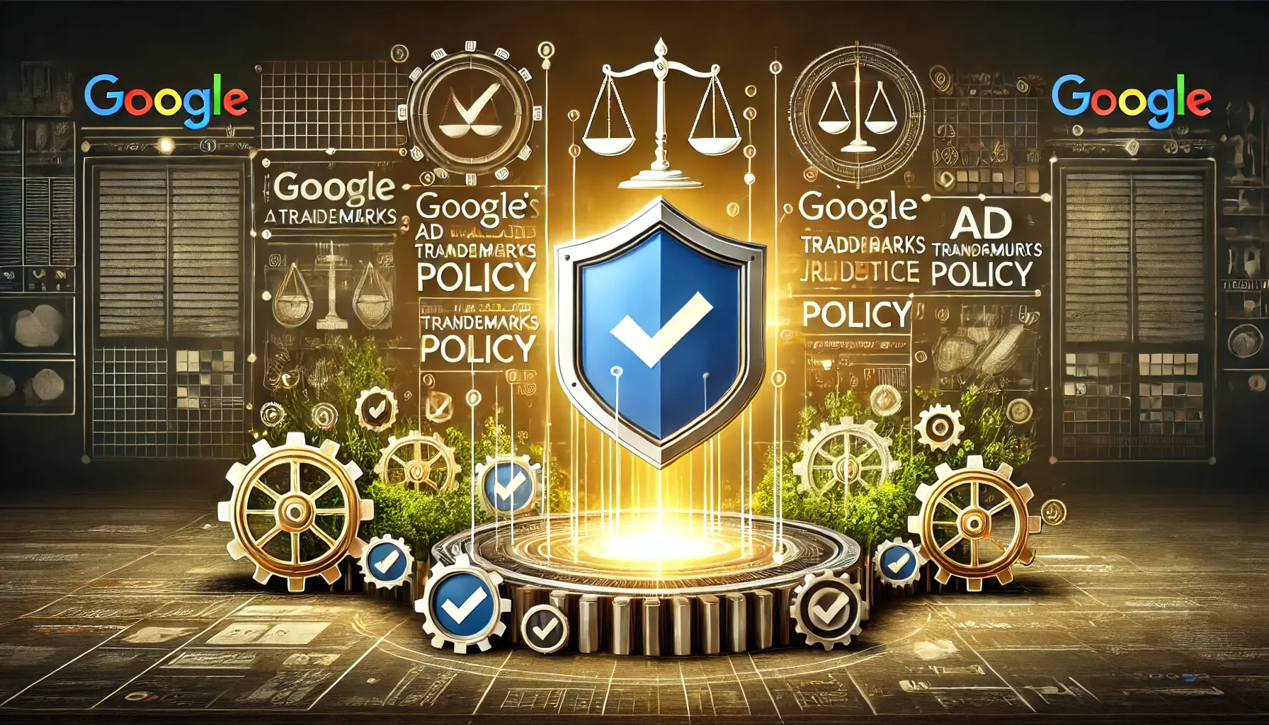 An abstract illustration of a glowing shield and digital ad interface, symbolizing mastery over Google's Ad Trademarks Policy.