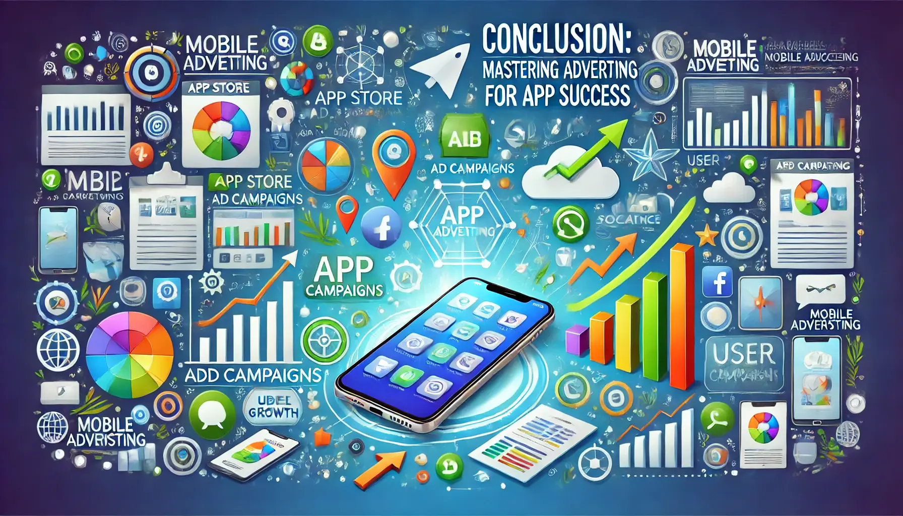 A smartphone surrounded by various digital marketing tools like app store icons, ad campaigns, performance graphs, and social media symbols, symbolizing success in mobile advertising.