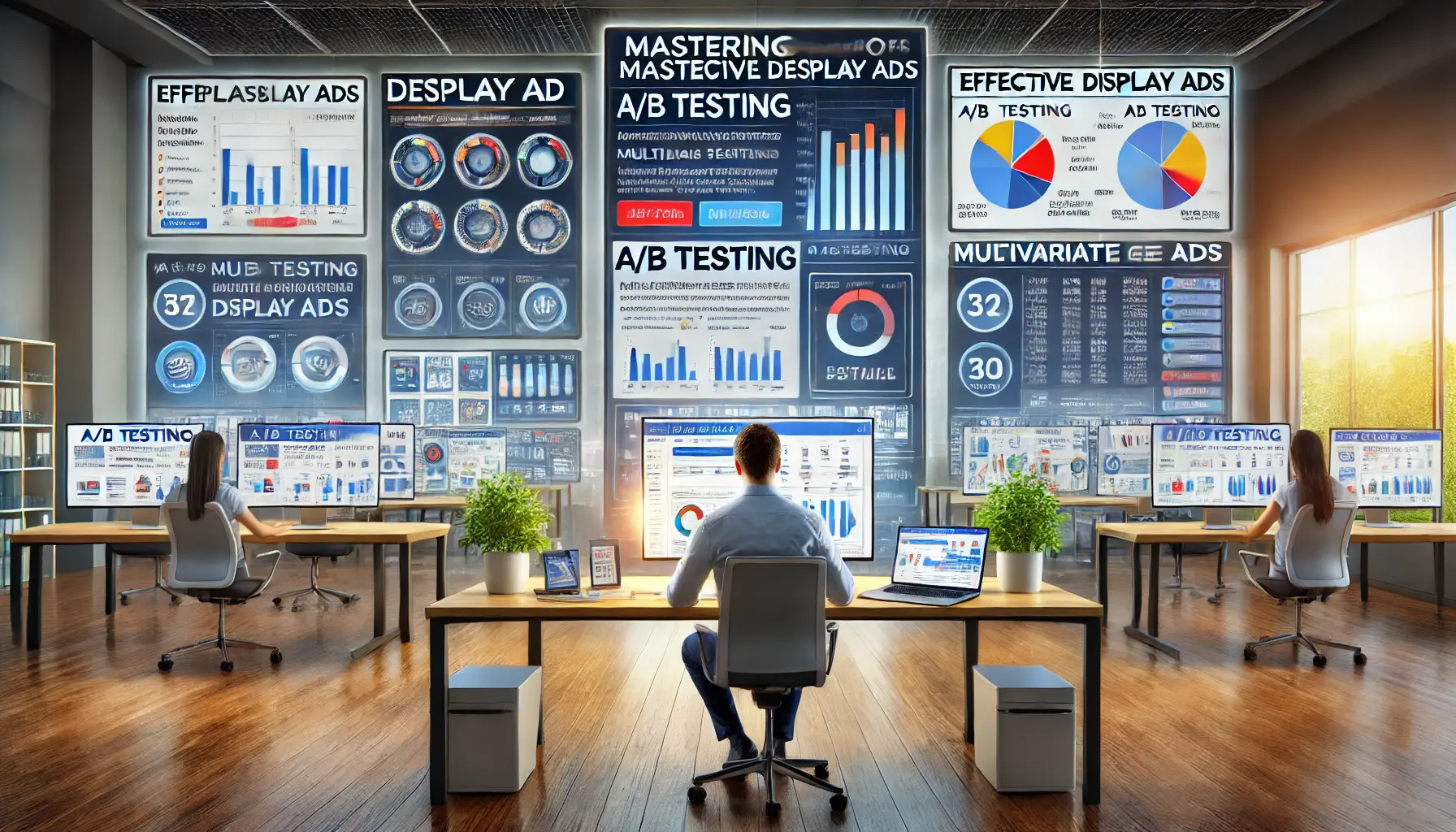 A digital marketer analyzing the results of display ad tests in a modern office, reflecting the mastery of testing methods for effective ad campaigns.