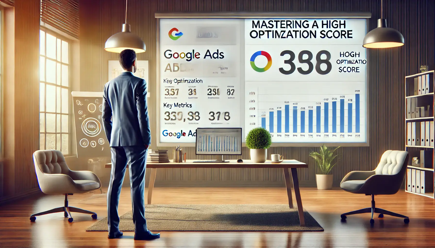 A business professional standing in front of a large screen displaying Google Ads performance metrics and a high optimization score.