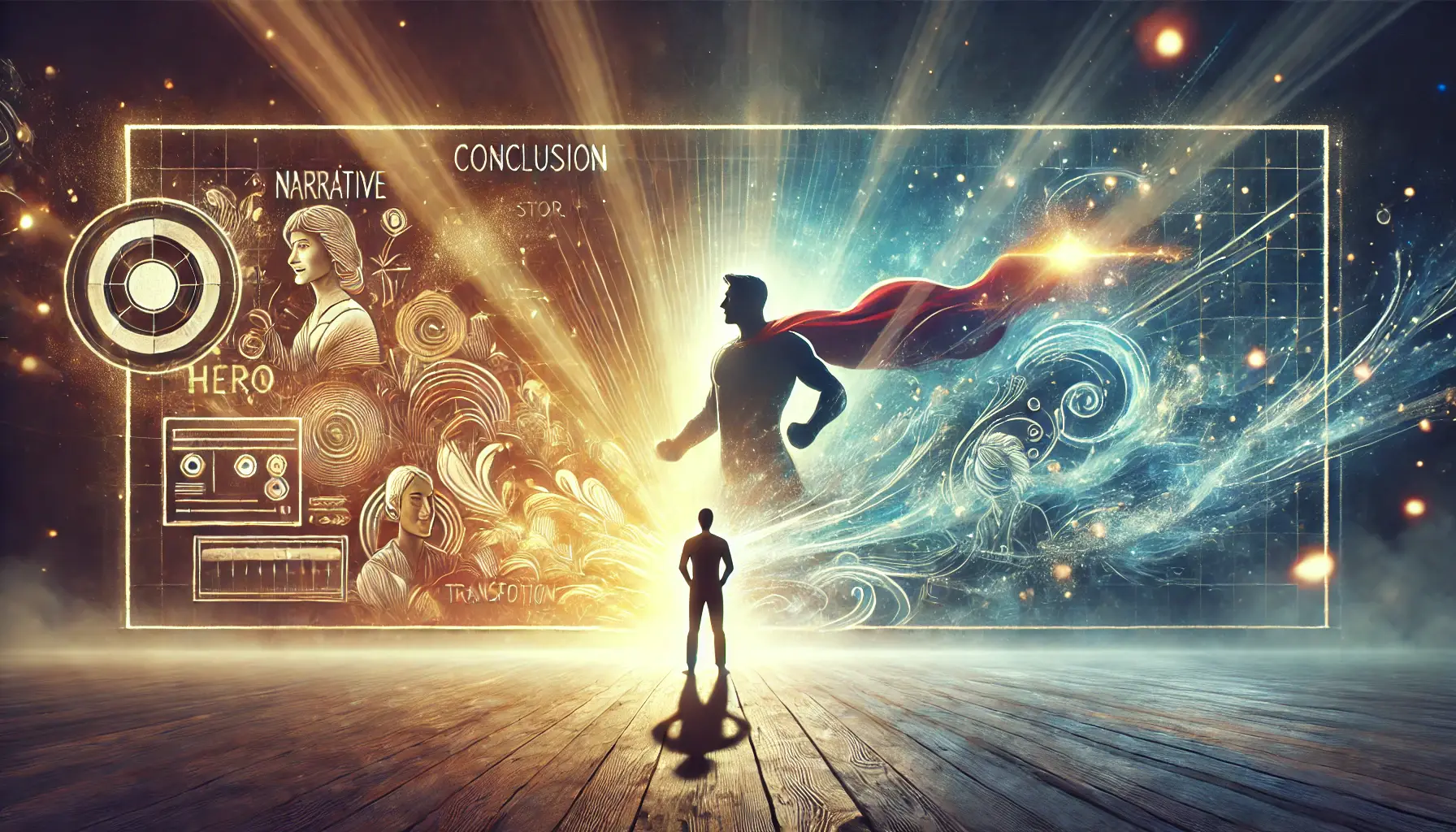 An image showing a creative director in front of a glowing canvas, where a brand story unfolds through visual elements like a hero and transformation.