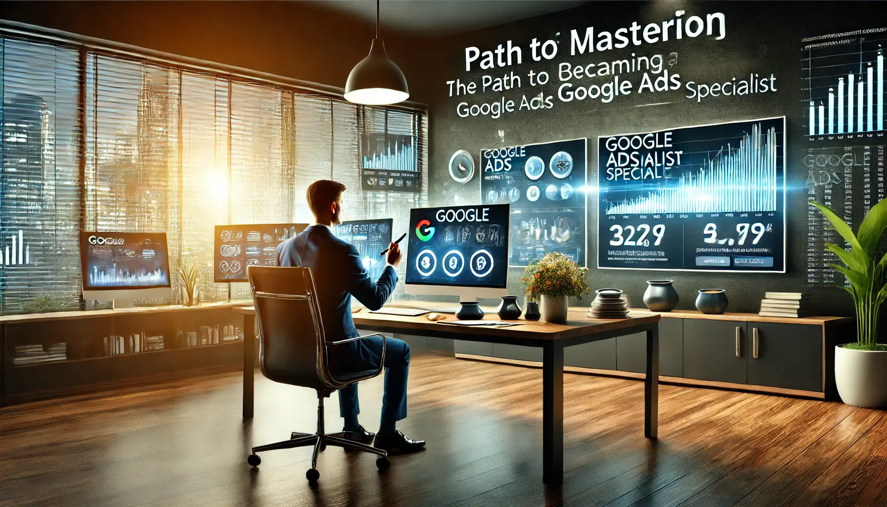 A professional in a modern office confidently working on a successful Google Ads campaign, with positive results and growth metrics displayed on multiple screens.