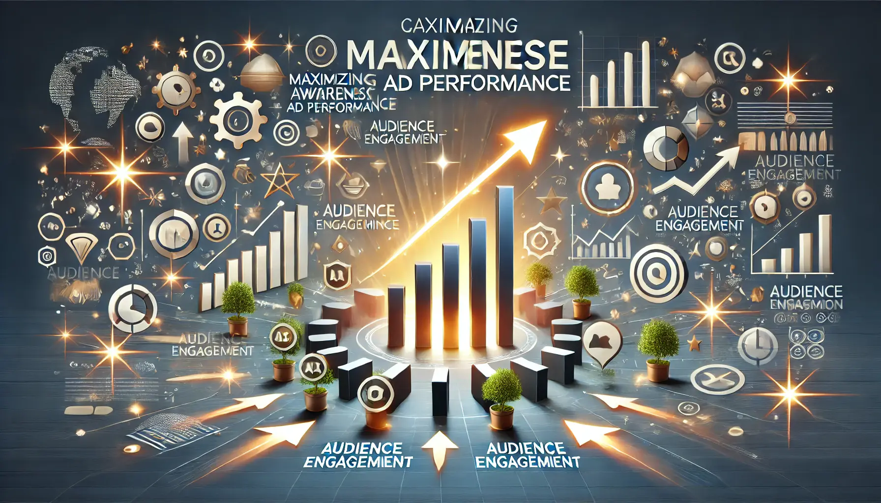 An illustration showing dynamic elements like growing graphs, a glowing brand icon, and audience engagement symbols, symbolizing the conclusion of maximizing ad performance.