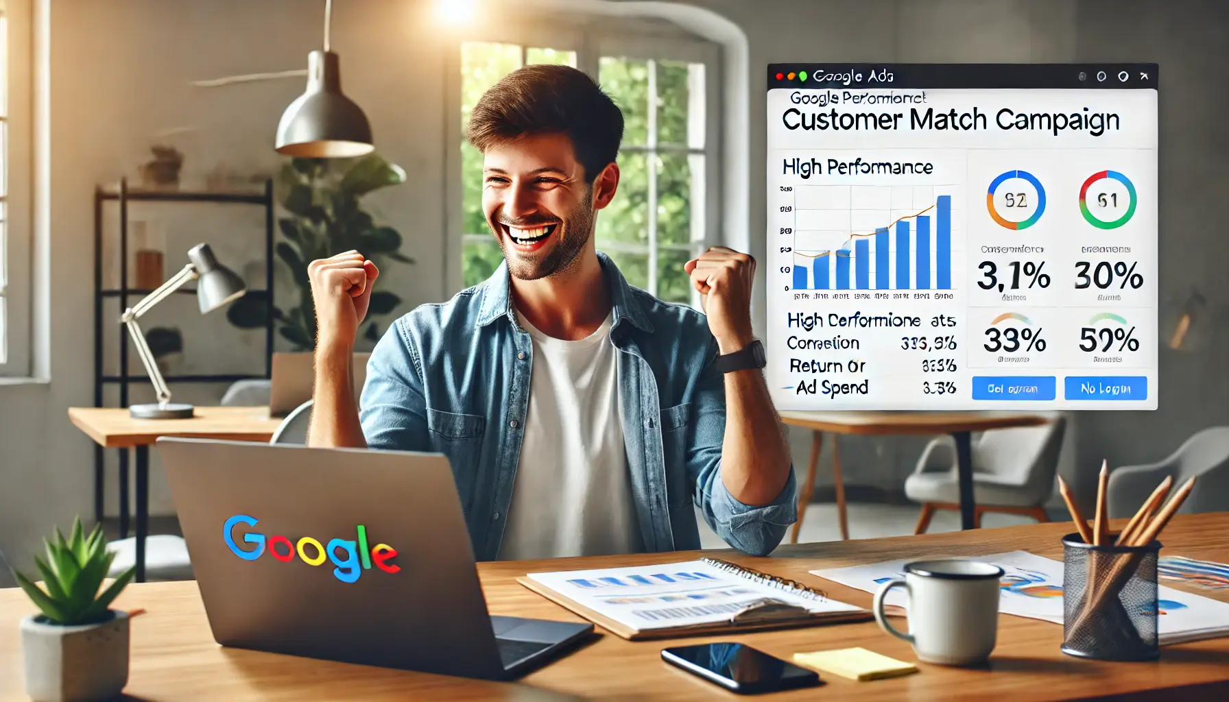 A digital marketer celebrating the success of a Google Ads Customer Match campaign, with high performance metrics displayed on the screen.