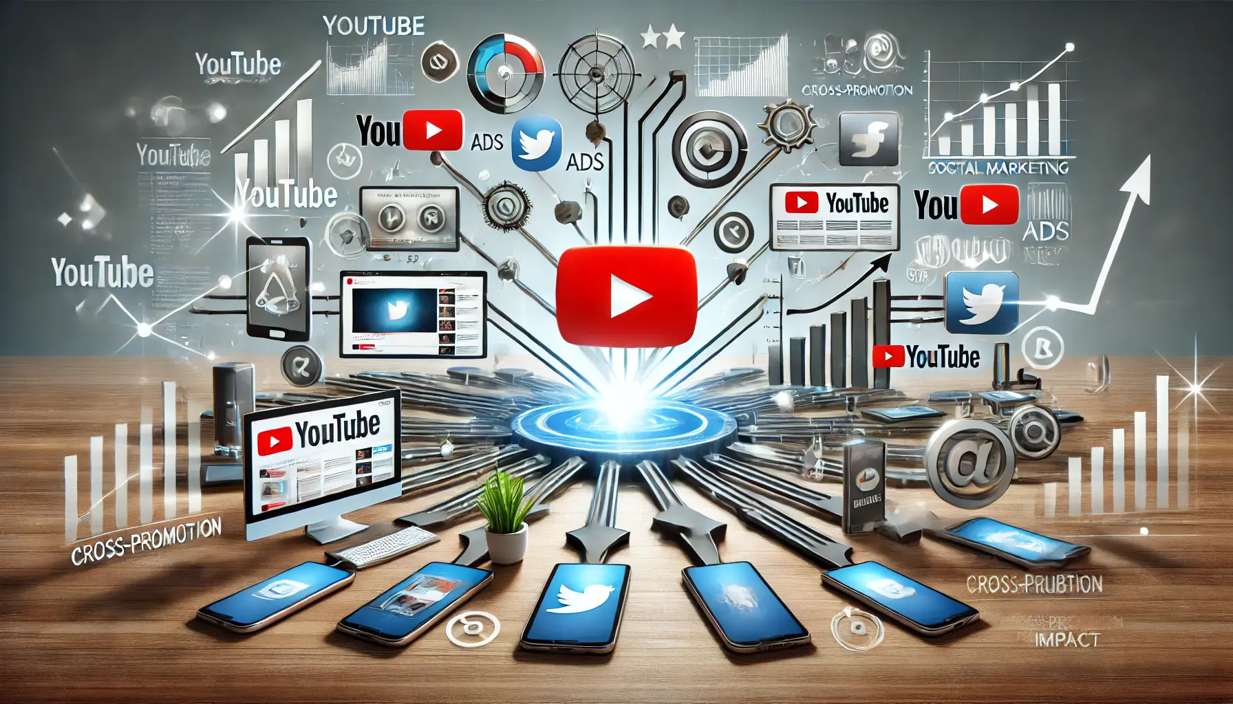 An illustration showing digital marketing elements like video ads, social media platforms, and analytics dashboards connected through devices for maximizing YouTube cross-promotion impact.