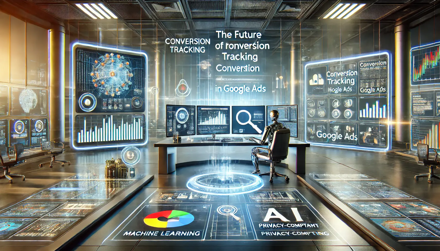 An image depicting a futuristic workspace with multiple screens displaying advanced analytics and AI-driven insights for the future of conversion tracking in Google Ads.