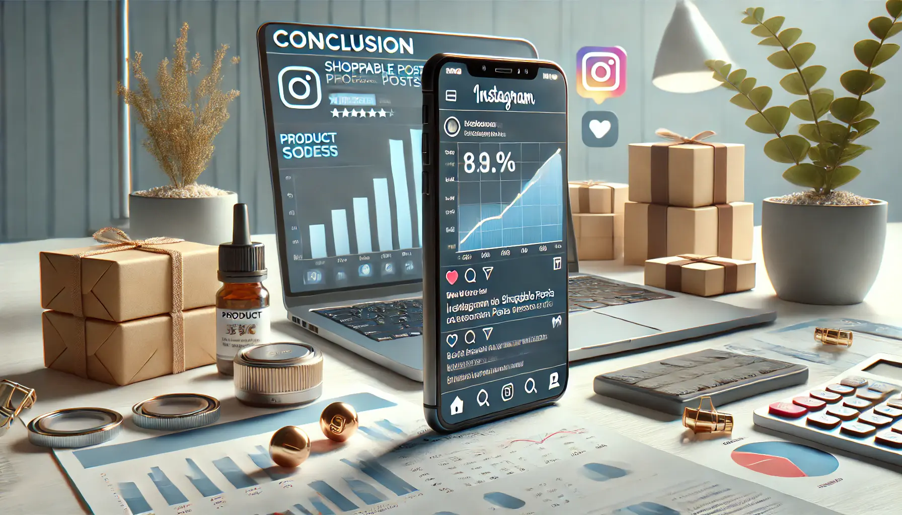 A smartphone displaying an Instagram shoppable post with product tags and high engagement, with background elements like sales analytics and graphs.