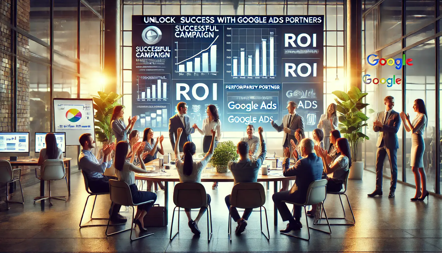 A digital marketing team celebrating success with a third-party partner, reviewing successful campaign metrics and performance graphs.