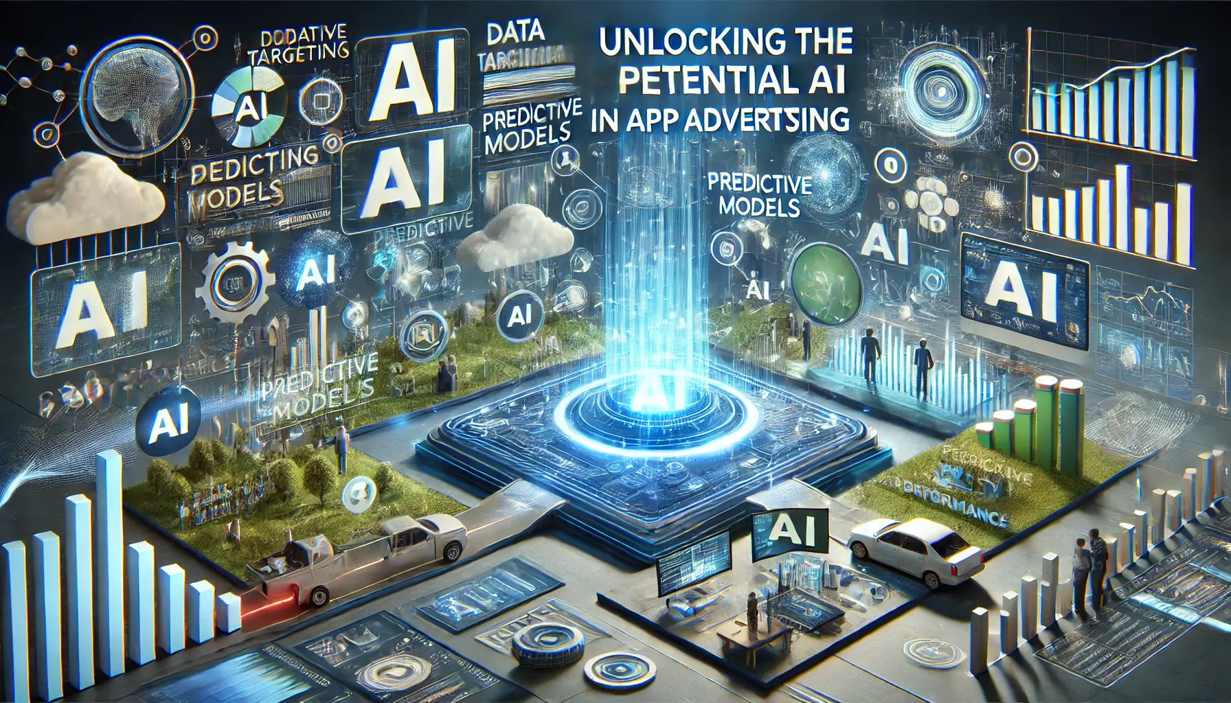 Dynamic digital environment with AI algorithms optimizing app advertising strategies and performance.