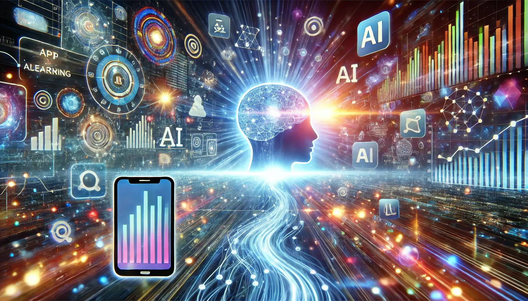 An image depicting the breakthrough of machine learning in app advertising, with glowing data streams, algorithms, and personalized ads.