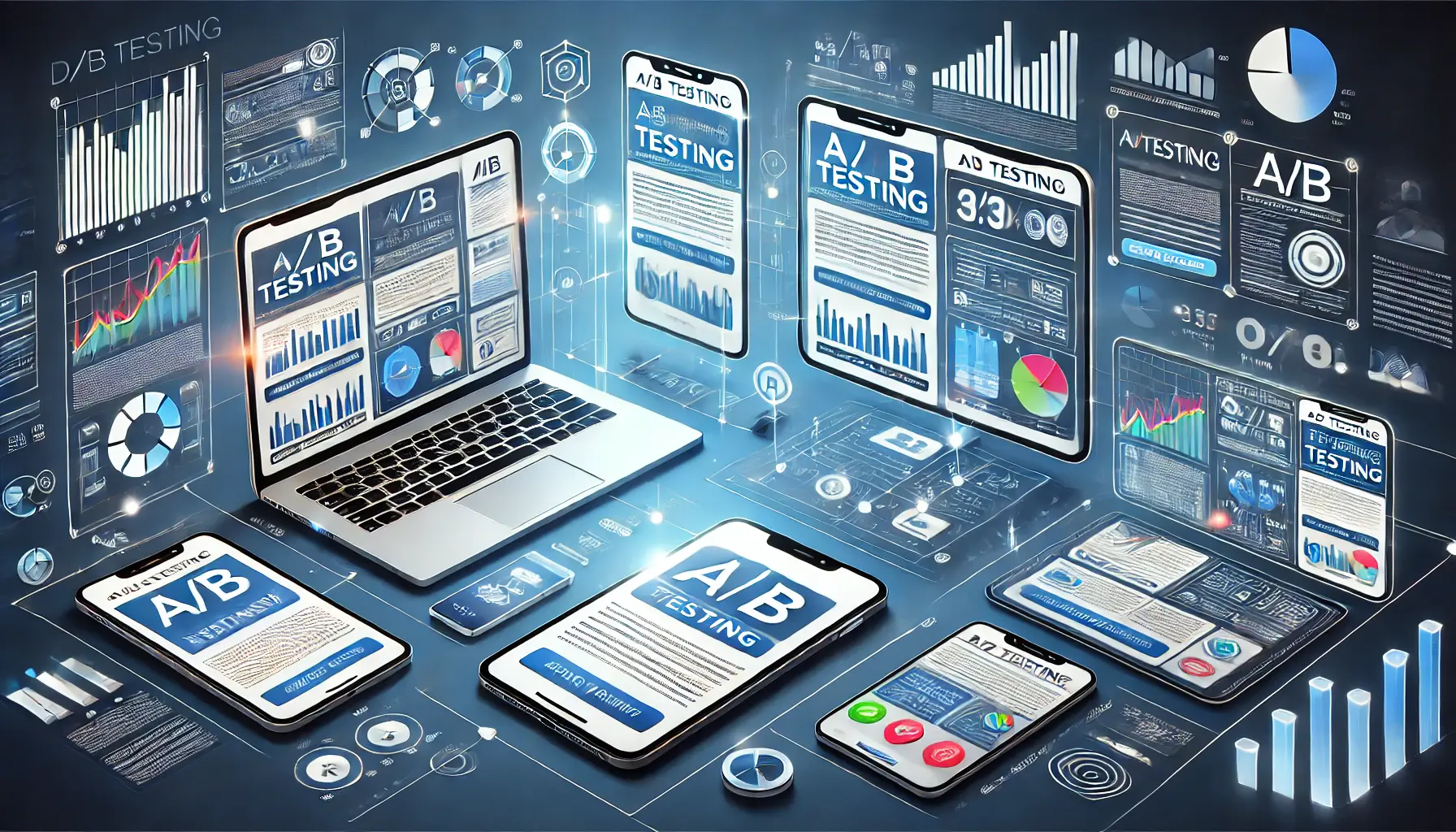 Illustration of A/B testing for continuous improvement in digital advertising with variations of ads and metrics.