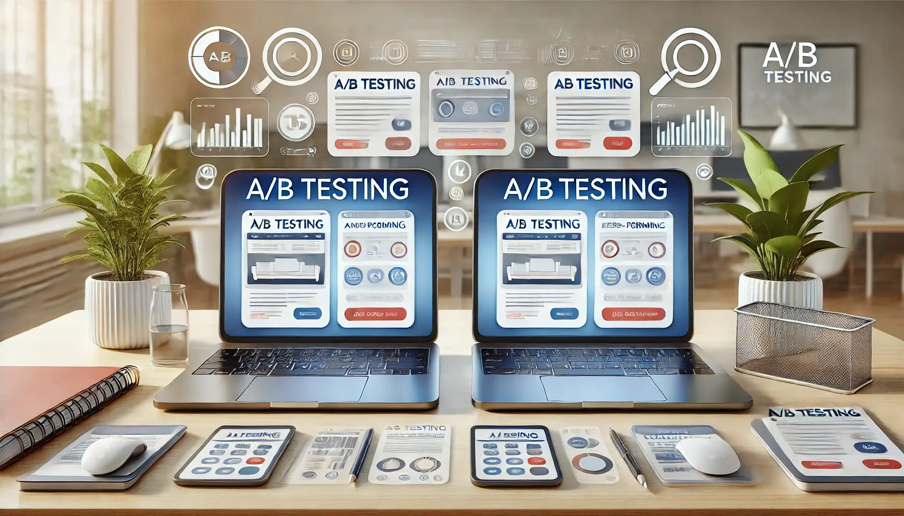 Two laptops side-by-side displaying different versions of a landing page for A/B testing, surrounded by comparison metrics and analysis icons.