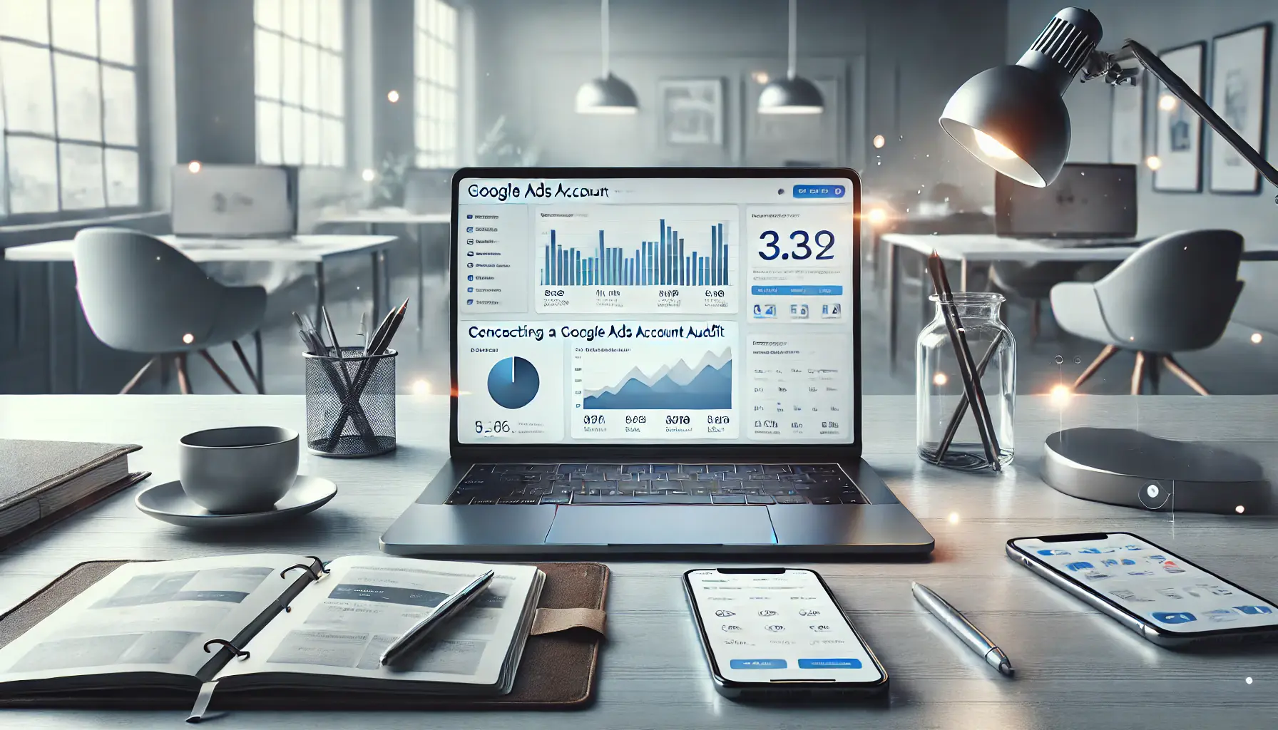 A professional workspace featuring a laptop with analytics dashboards, surrounded by tools like a notepad and smartphone, symbolizing Google Ads account audit.