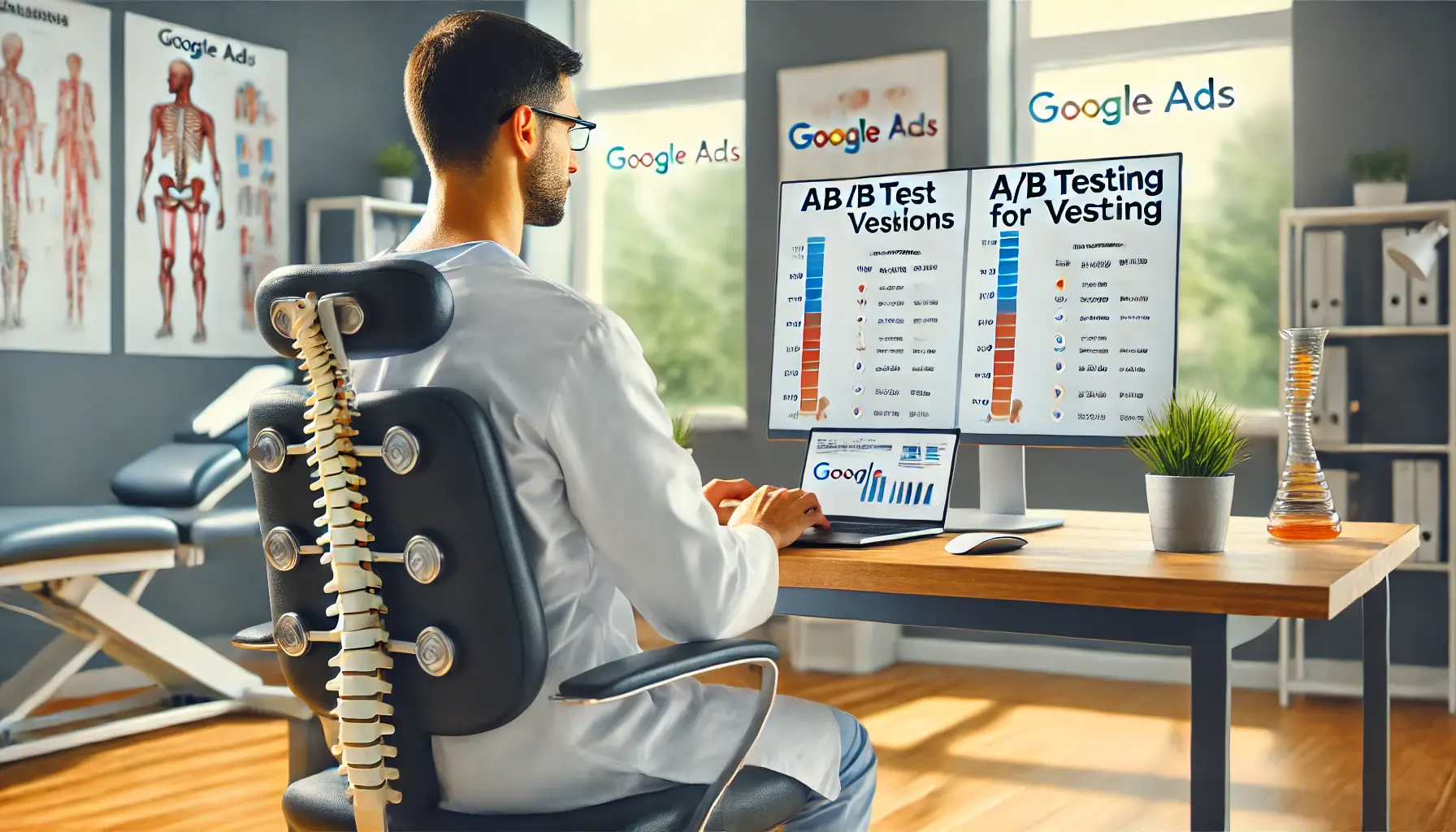 A chiropractor reviewing A/B testing results for a Google Ads campaign on a laptop in a modern clinic.