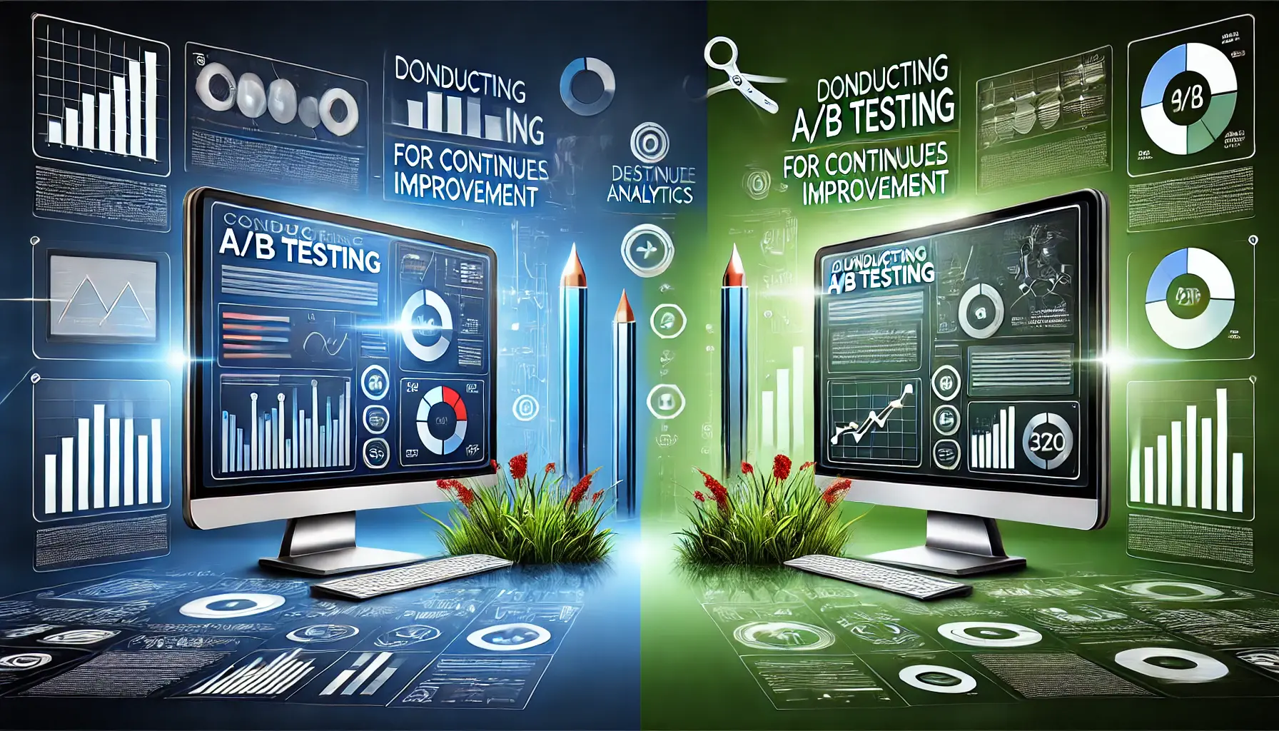 An illustration showing A/B testing for digital marketing, featuring two screens displaying different versions of an ad or webpage.