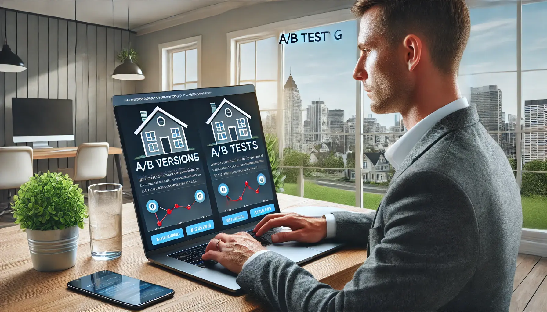 A real estate agent conducting A/B testing on a laptop, comparing two versions of a landing page.