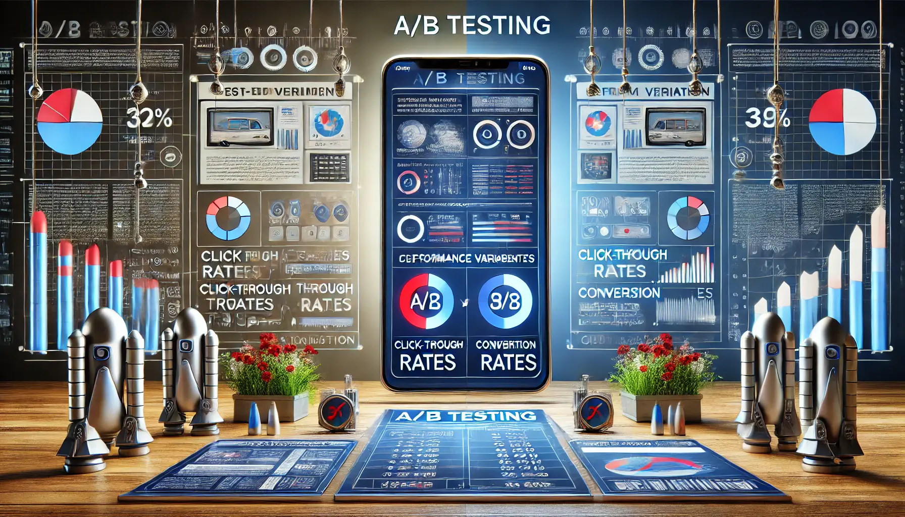 Two versions of an ad campaign displayed side by side for A/B testing, with performance metrics like click-through rates and conversion rates.