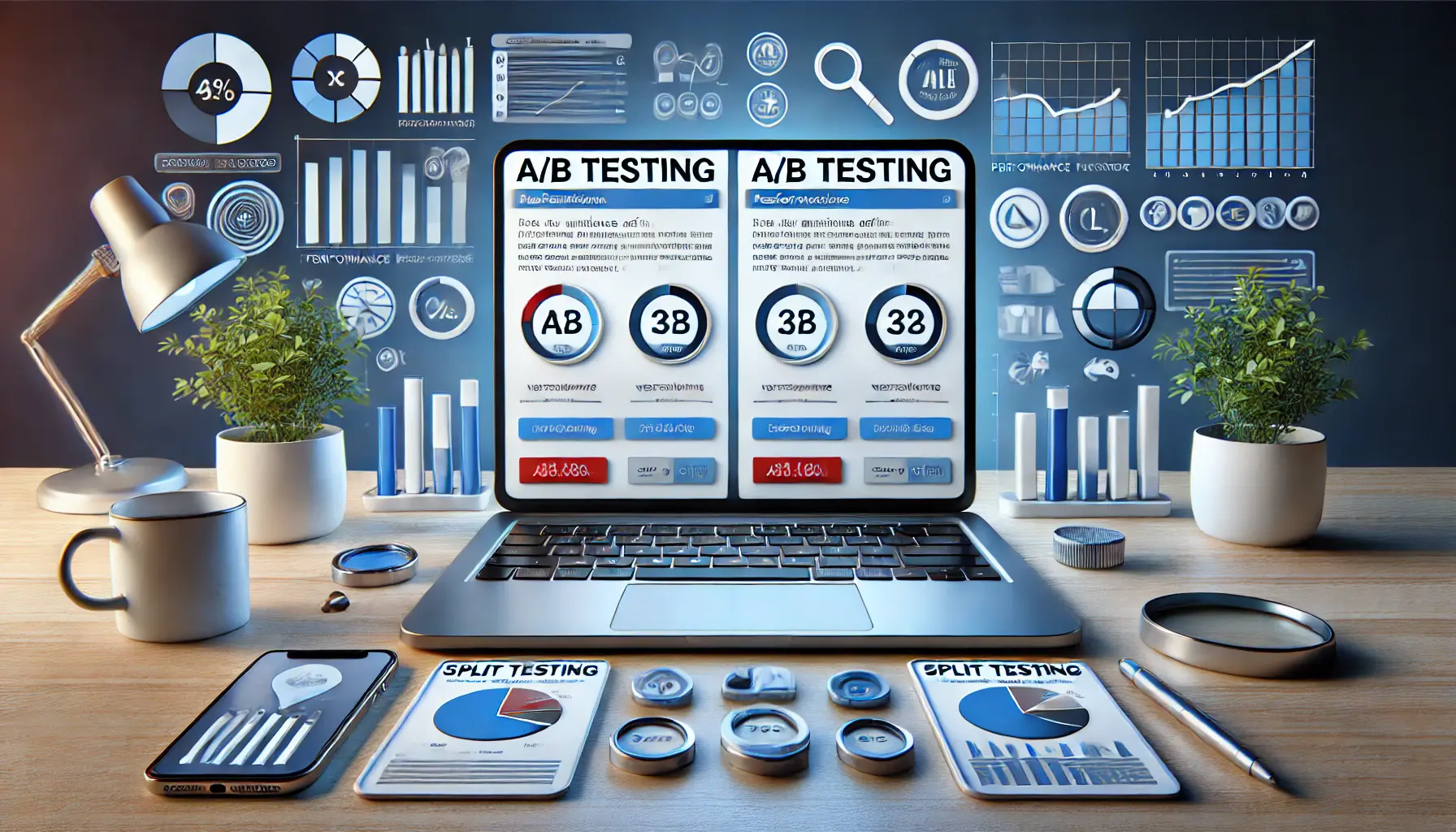 A realistic image of a laptop displaying two different versions of an ad being compared, with performance metrics and comparison graphs.