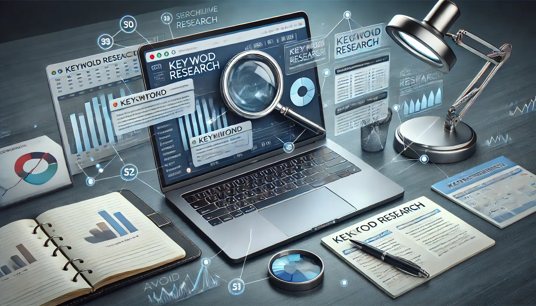 Illustration of a digital workspace featuring a laptop with a keyword research tool, charts, and interconnected nodes symbolizing keyword relationships.