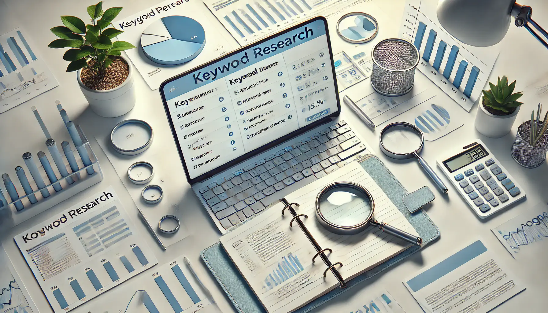 A workspace featuring a laptop displaying a keyword planner tool, a notebook with notes, a magnifying glass, and charts representing keyword research analysis.