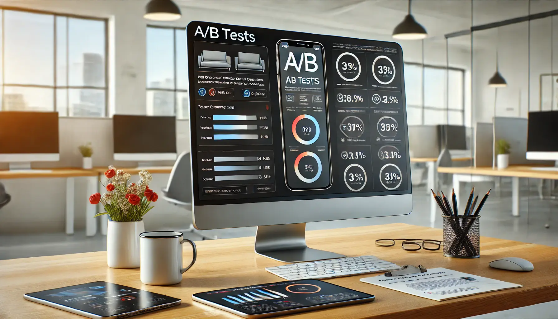 A workspace with a computer displaying the results of A/B tests for app campaigns, comparing two versions of an app interface.