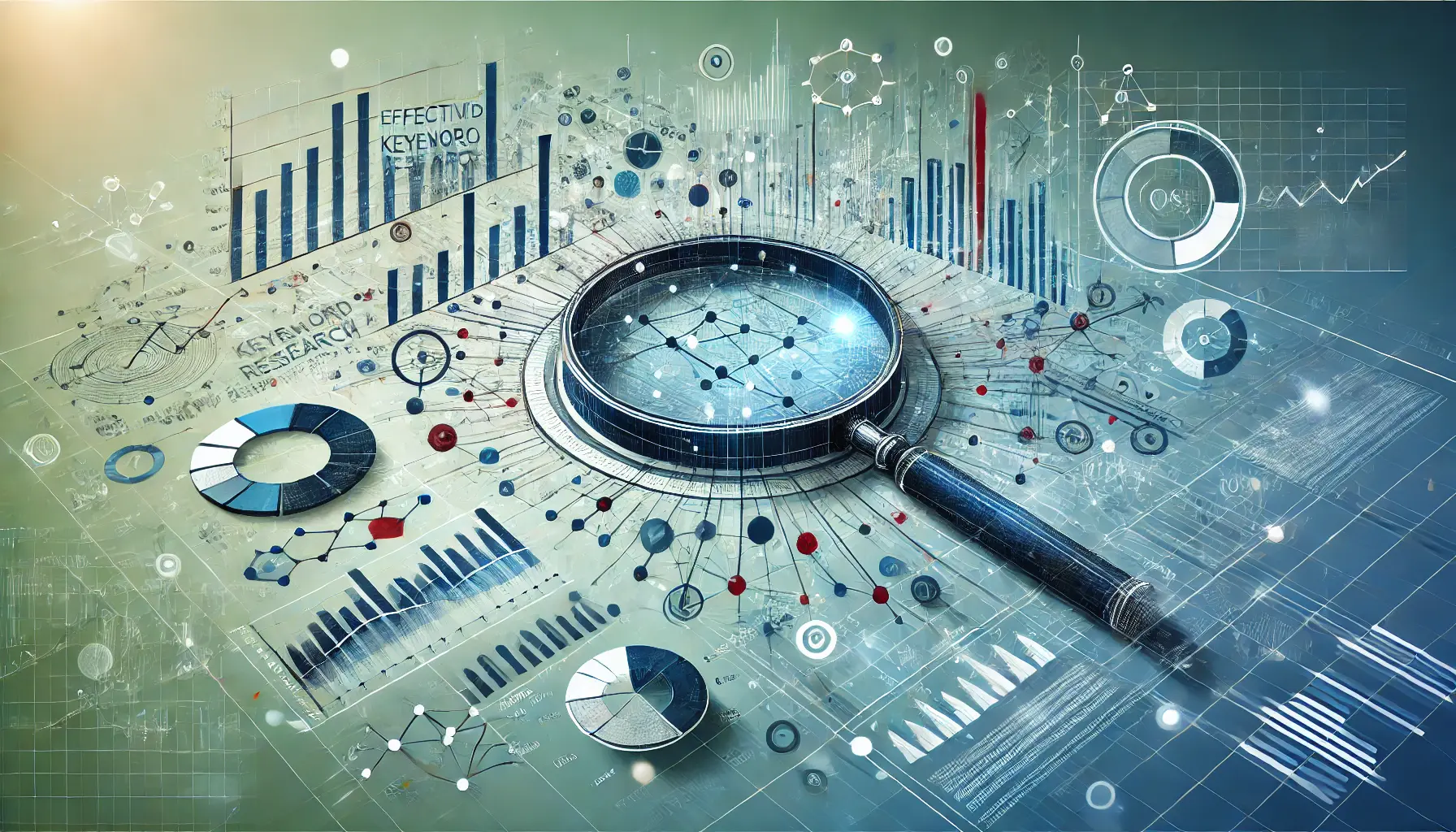 Abstract image depicting keyword research with a magnifying glass over data points, graph indicators, and interconnected lines symbolizing data analysis.