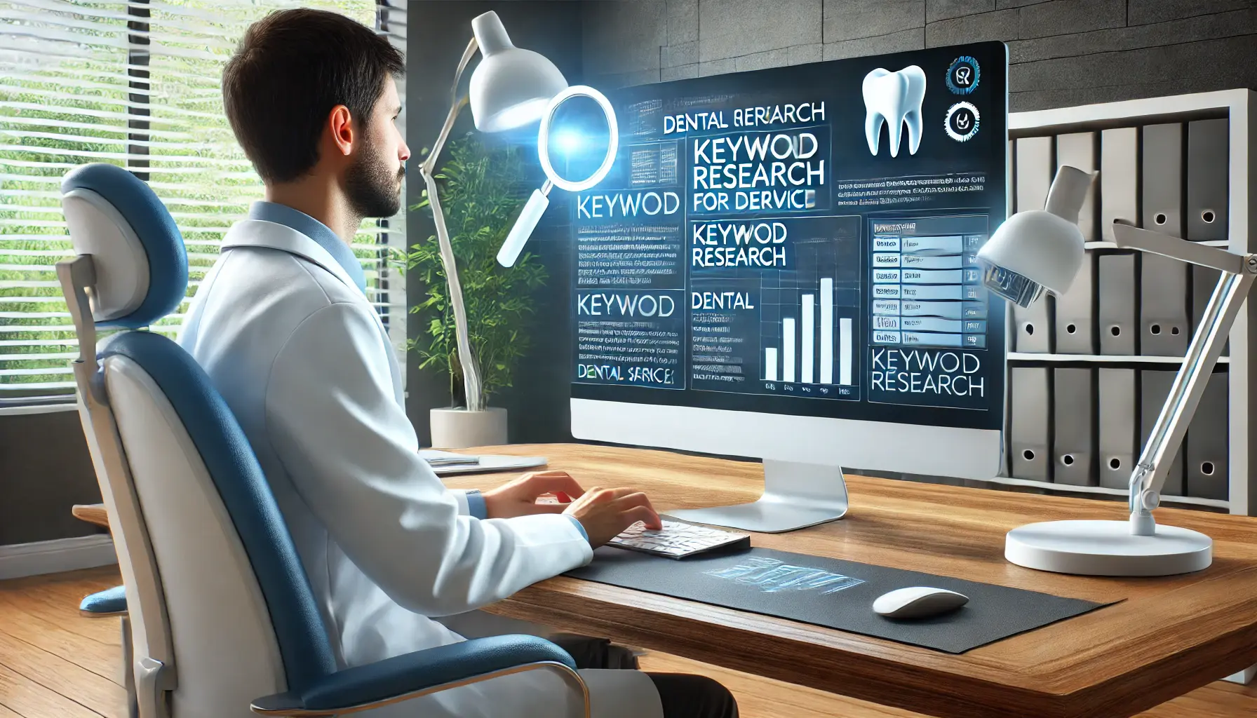 A dentist conducting keyword research for dental services on a computer in a modern office.