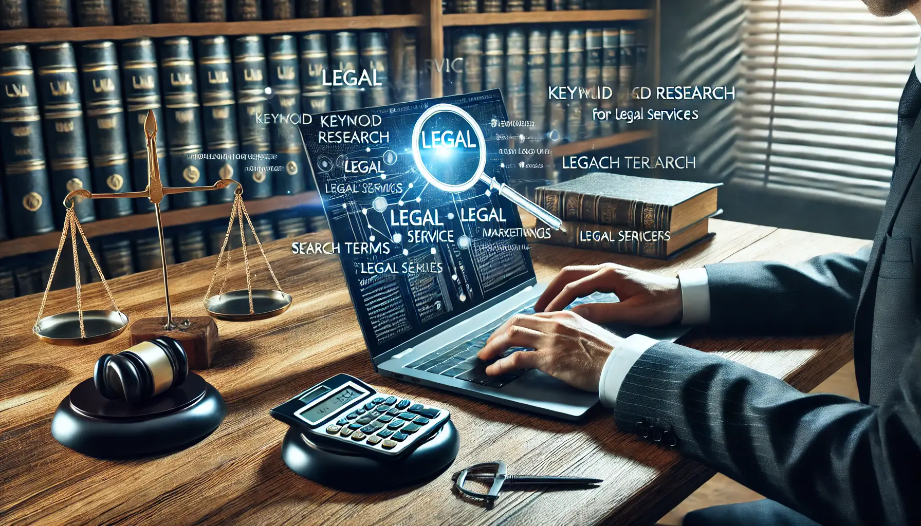 Illustration of a lawyer conducting keyword research for legal services on a laptop, with law books and a legal scale in the background.