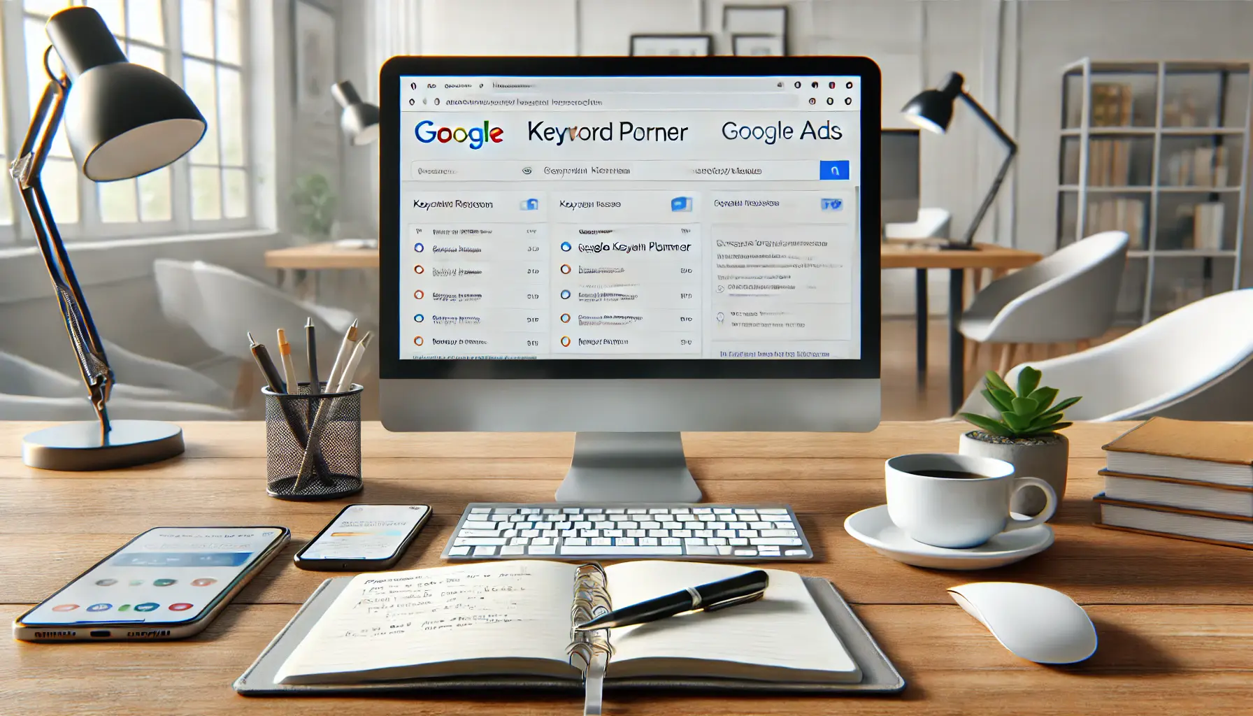 A professional workspace with a computer displaying the Google Keyword Planner tool, showing options for keyword research and analysis. The desk includes a notebook with research notes, a smartphone, a pen, and a coffee cup, set in a bright office environment.