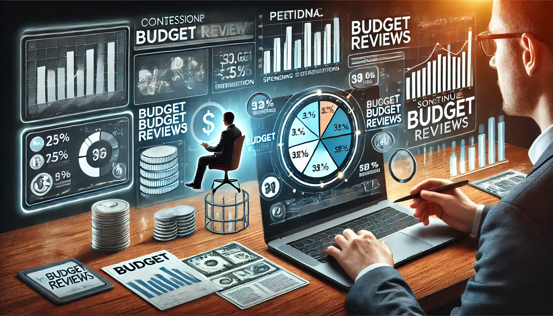 A digital illustration of a marketing workspace with a laptop displaying detailed budget utilization and performance data. A marketing professional is reviewing the budget, with floating graphical elements such as trend lines, bar charts, and a calendar symbolizing scheduled reviews.