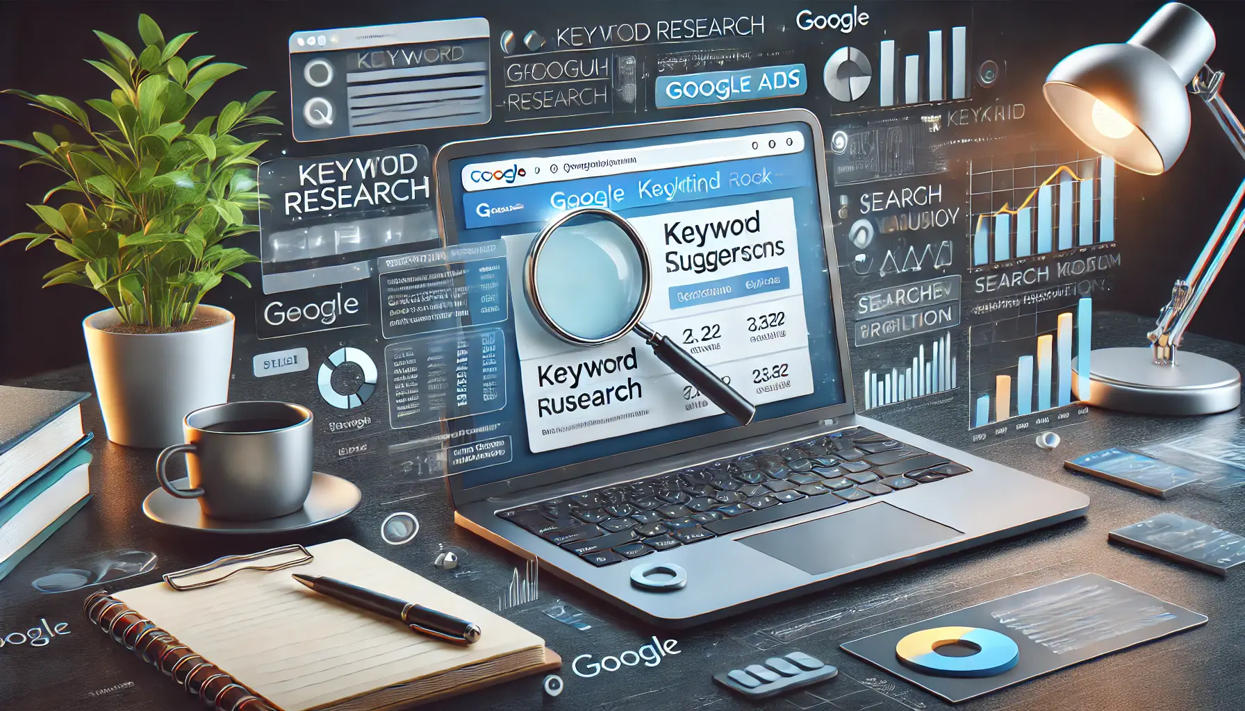 A laptop displaying a keyword research tool with keyword suggestions and search volume data, surrounded by digital elements symbolizing keyword analysis.