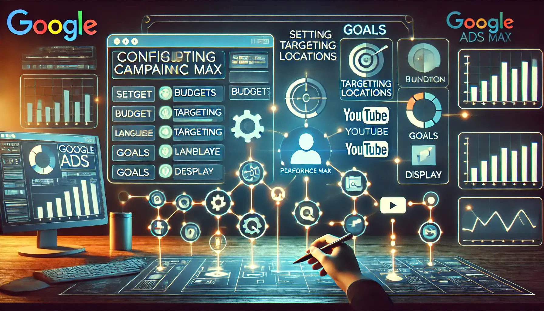 A professional illustration depicting the process of configuring Google Ads campaign settings, including budget, location, and targeting preferences.