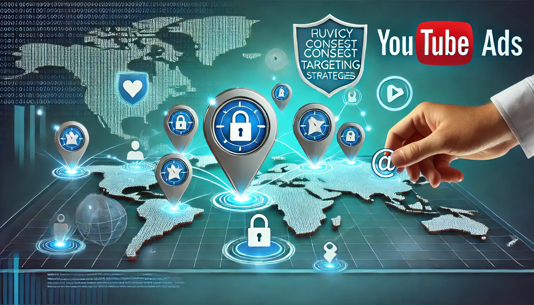 A digital map with pinpoint markers connected by glowing data streams, surrounded by privacy icons like shields and locks, symbolizing compliant audience targeting strategies.